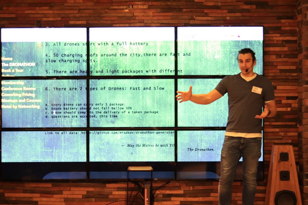 Milen Radkov announcing and explaining the dronathon hackathon challenge